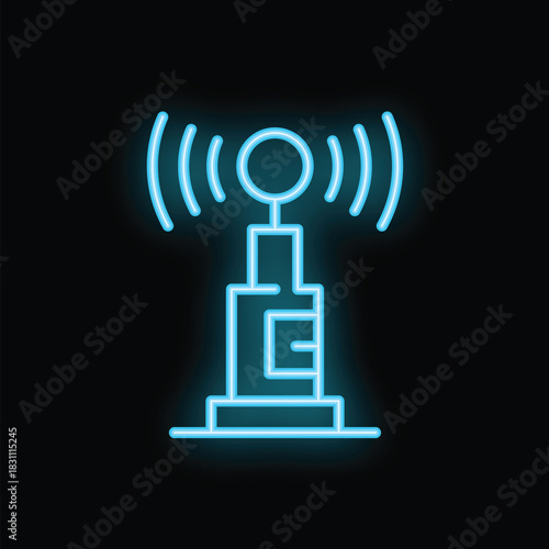 Neon glowing icon of radio tower emitting radio waves, symbol of communication and broadcasting