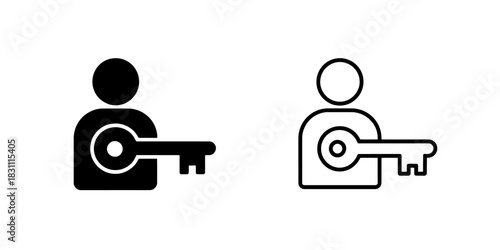 Two icons showing a person holding a key in black and white outlines style