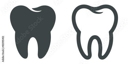 Two tooth illustrations one solid and one outlined on a white background
