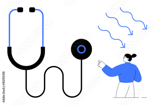 Stethoscope and person pointing at downward airflow. Ideal for healthcare, diagnosis, medical care, respiration, health awareness, consultation, prevention. Uses a simple flat metaphor