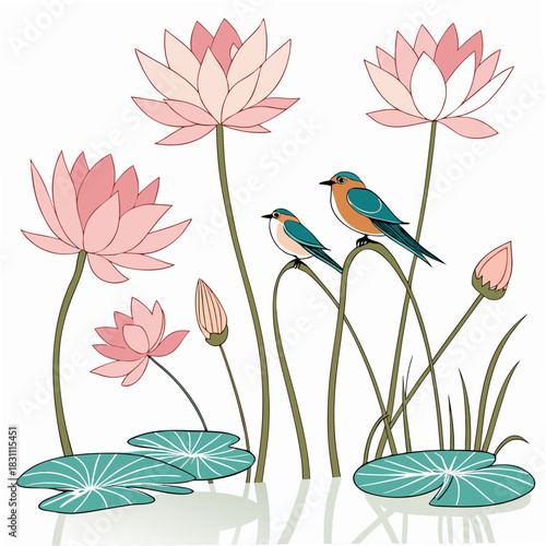 Two small birds perched on lotus stems surrounded by blooming pink water lilies and lily pads