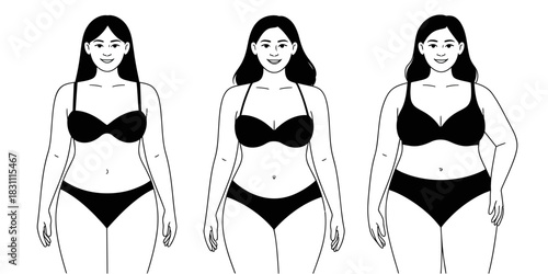 Three women in black lingerie standing side by side in a line drawing style