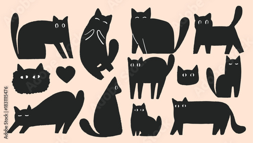 Vector different cute and funny black cats set. Hand drawn various kittens. Doodle funny animals. Halloween traditional symbols. Graphic design elements.