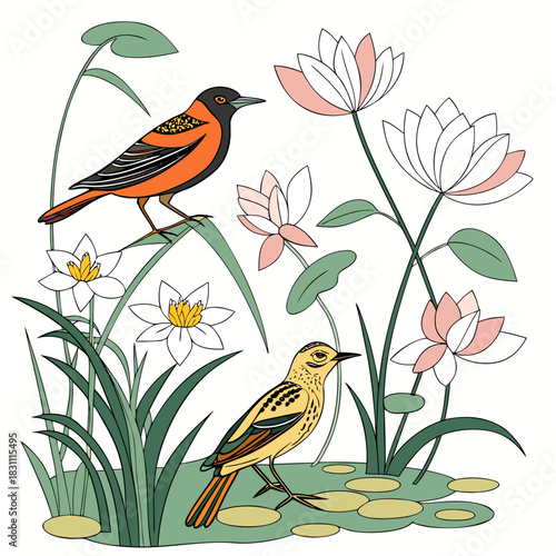 Stylized illustration of two colorful birds perched among blooming lotus flowers and lush green reeds
