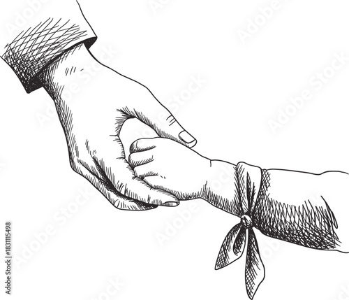 Adult and Child Hands Holding Engraving Vector Illustration, Parent and Baby Sketch, Family Love and Care, Vintage Line Art Graphic Design Element