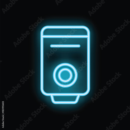 Blue neon icon of a computer case glowing on a black background