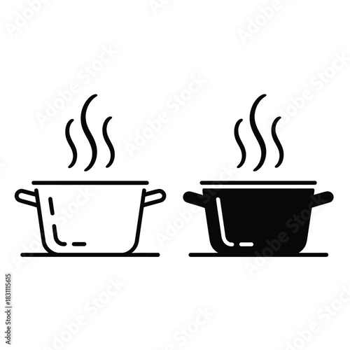 Two stylized depictions of a steaming pot, one outline and one solid black.
