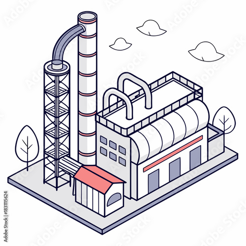 Isometric illustration of a modern industrial factory with smokestack and storage tanks under a cloudy sky