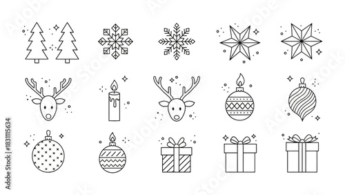 Winter Holiday Icon Set: A collection of simple, minimalistic line art icons evoking the spirit of the winter holiday season, including snowflakes, trees, ornaments, gift boxes, deer and candle.