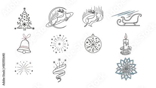 Holiday Iconography: A collection of meticulously crafted holiday icons, evoking the spirit of festive seasons. Each element is presented with simplicity.