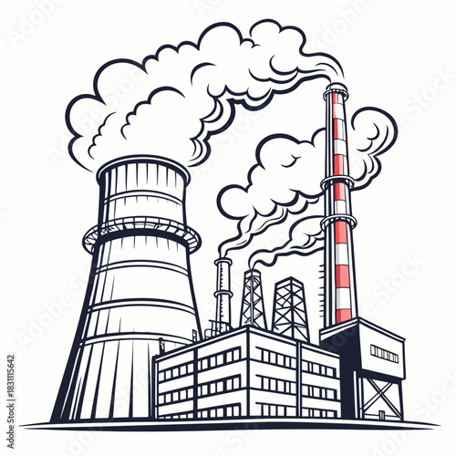 Industrial power plant with cooling tower and smokestacks emitting plumes of smoke against a white background