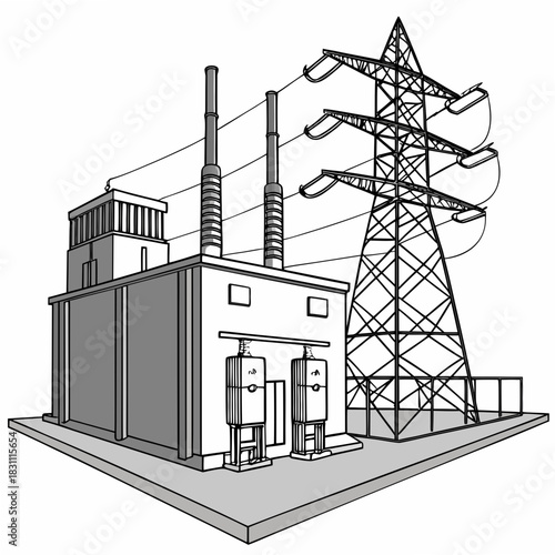 Industrial power substation with transmission tower and factory building emitting smoke from chimneys