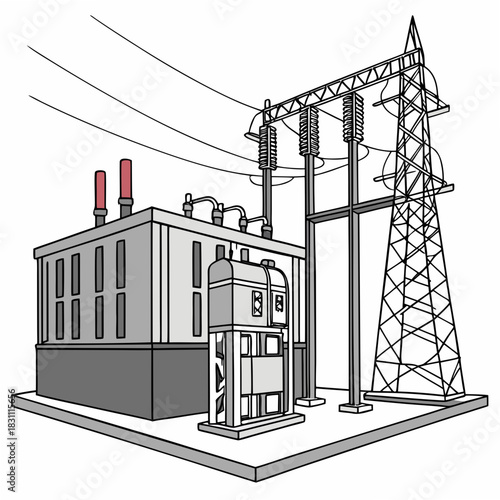 Industrial power substation with transmission tower and electrical equipment for energy distribution