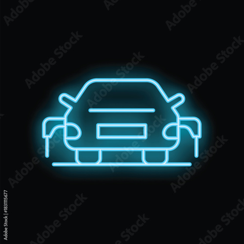 Blue neon icon of an electric car charging at a station is glowing on a black background