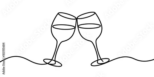 Line drawing of two wine glasses toasting on a white background simple art