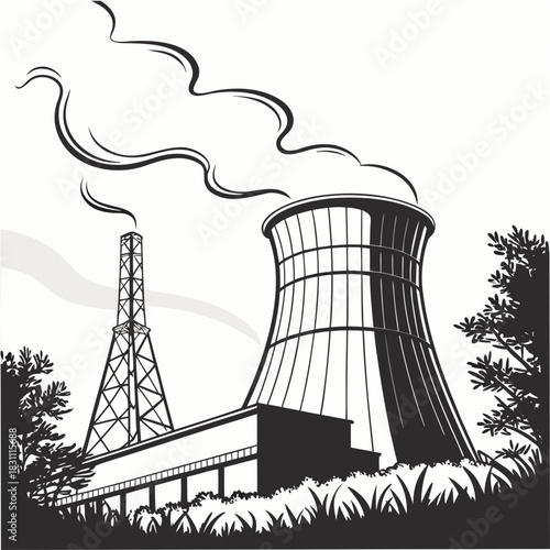 Industrial power plant with cooling tower and smokestack emitting steam against a white background
