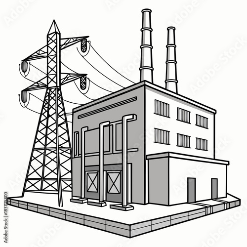 Industrial power plant with tall smokestacks and a large electricity transmission tower connected by wires