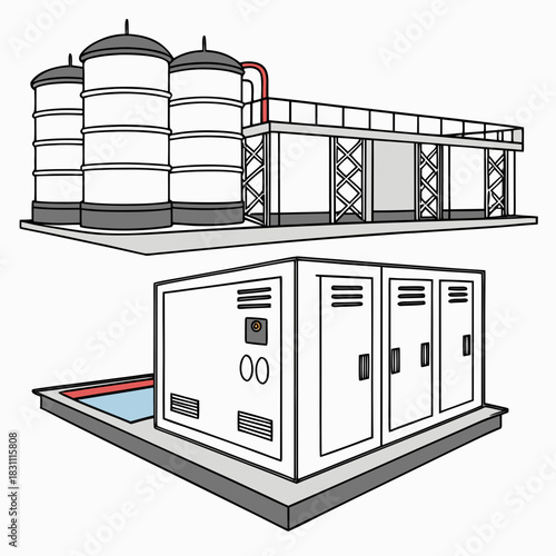 Industrial storage tanks and electrical control cabinets on a white background illustration