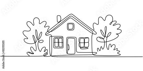 Continuous line drawing of a house with trees on either side of the house