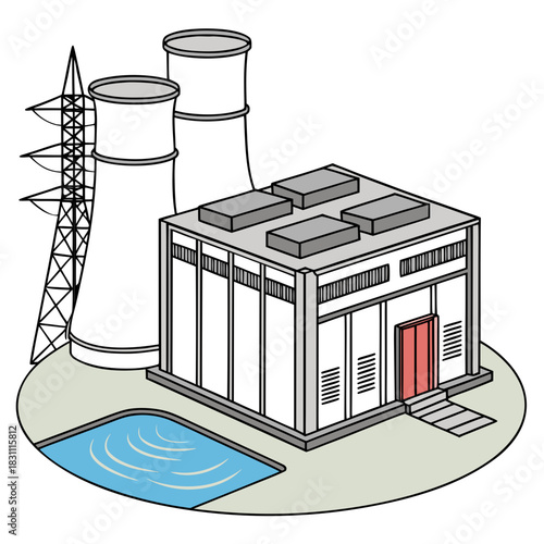 Isometric illustration of a power plant with cooling towers a main building and a water reservoir