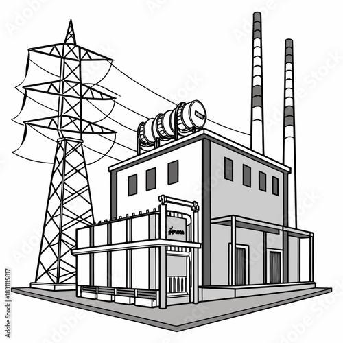 Industrial power plant with tall smokestacks and electrical transmission tower connected by wires