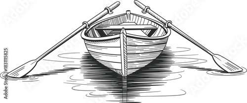 Wooden Rowboat with Oars Engraving Vector Illustration, Vintage Nautical Water Transport Sketch, Classic Small Boat Woodcut Graphic Design Element