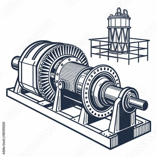 Vintage illustration of a powerful industrial steam turbine generator with a cooling tower in the background