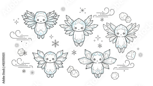 Whimsical Winged Creatures: A collection of charming, ethereal creatures with delicate, decorative wings, showcasing a blend of fantasy and artistic expression.