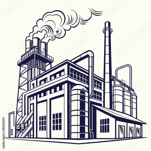 Industrial factory building with smoke billowing from chimneys representing manufacturing and production