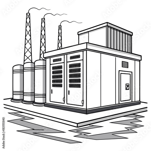 Industrial factory with smokestacks emitting steam and a modern building with ventilation systems
