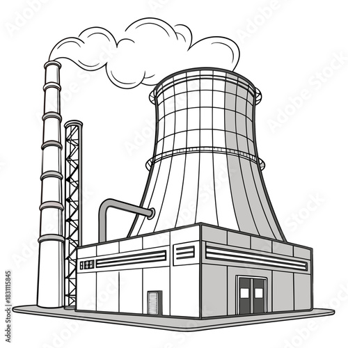 Industrial power plant with cooling tower and smokestack emitting steam against a white background