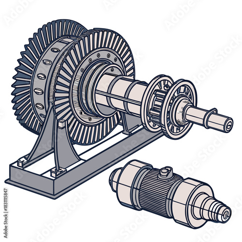 Detailed isometric illustration of a complex industrial turbine engine component and a separate motor