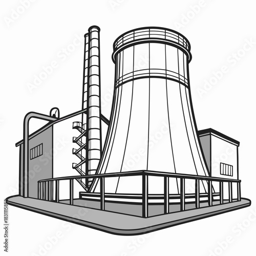 Industrial power plant with cooling tower and smokestack in a clean graphic style