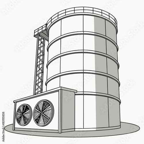 Industrial storage tank with attached cooling fans and access ladder on a white background
