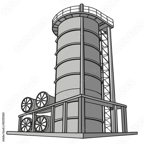 Industrial silo with fans and ladder on white background graphic illustration