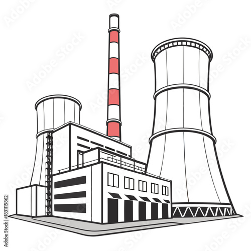 Industrial power plant with cooling towers and a tall smokestack against a white background
