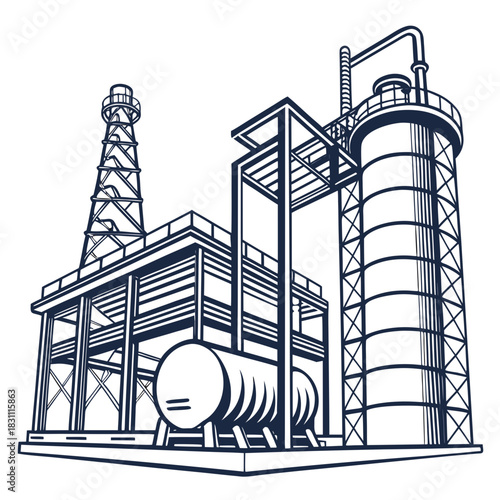 Industrial oil refinery complex with distillation towers and storage tanks in a clean line art style