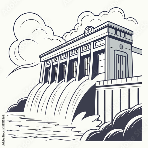 Stylized illustration of a hydroelectric dam with water flowing powerfully over the spillway under cloudy skies