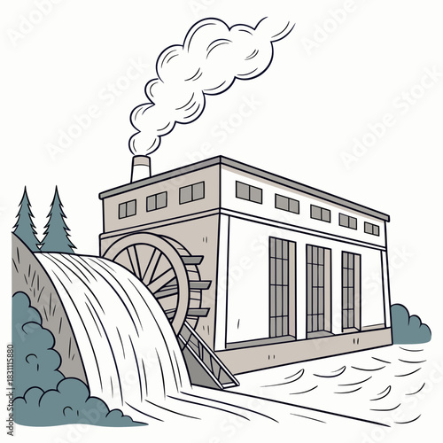 Illustration of a historic hydroelectric power plant with a large water wheel and steam rising from a chimney