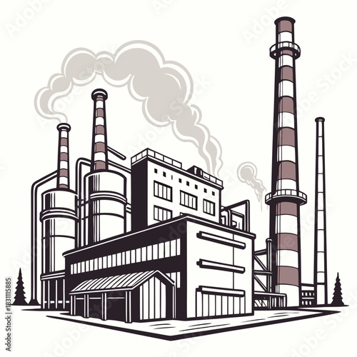 Industrial factory with smokestacks emitting smoke against a white background in a stylized illustration