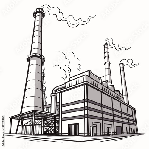 Industrial factory with tall smokestacks emitting smoke against a white background in a stylized drawing
