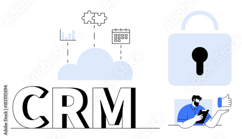 Cloud syncing CRM with analytics, puzzle, calendar, padlock, and user interaction. Ideal for workflow, data management, team collaboration, customer relations cybersecurity software design simple