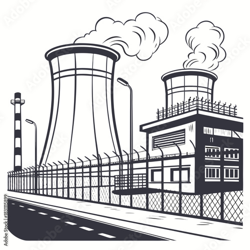 Industrial power plant with cooling towers emitting steam and a smokestack against a white background