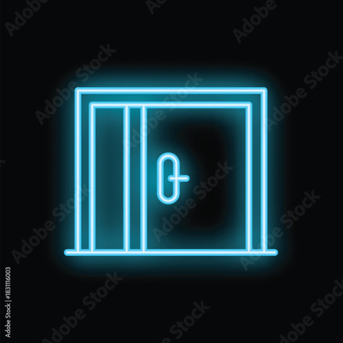 Glowing neon line closed door icon isolated on black background. Vector
