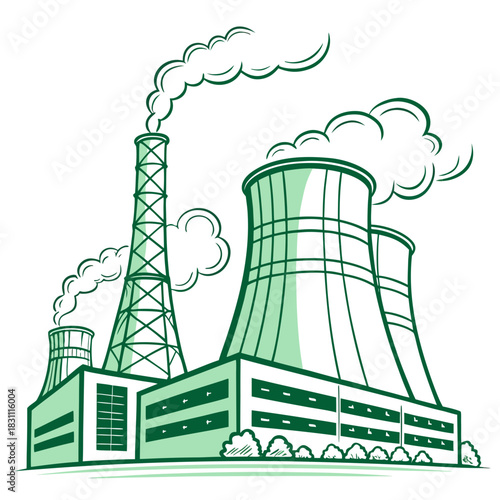 Stylized illustration of a power plant with cooling towers and a smokestack emitting steam against a white background