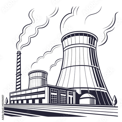 Industrial power plant with cooling towers and smokestack emitting steam or smoke against a white background