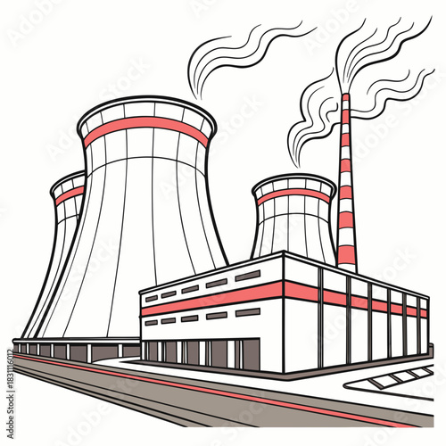 Stylized illustration of a modern industrial power plant with cooling towers emitting steam and a factory building