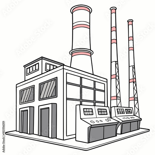 Stylized illustration of a modern industrial factory building with tall smokestacks and control panels