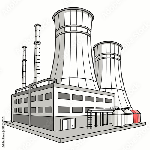 Stylized illustration of a modern industrial power plant with cooling towers and smokestacks