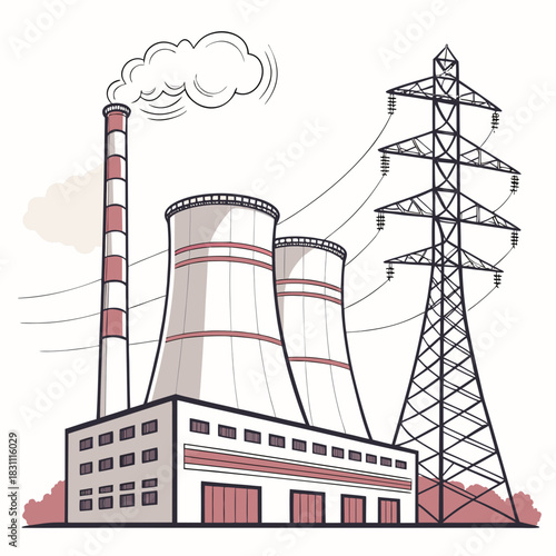 Industrial power plant with cooling towers and a tall transmission tower emitting steam and smoke